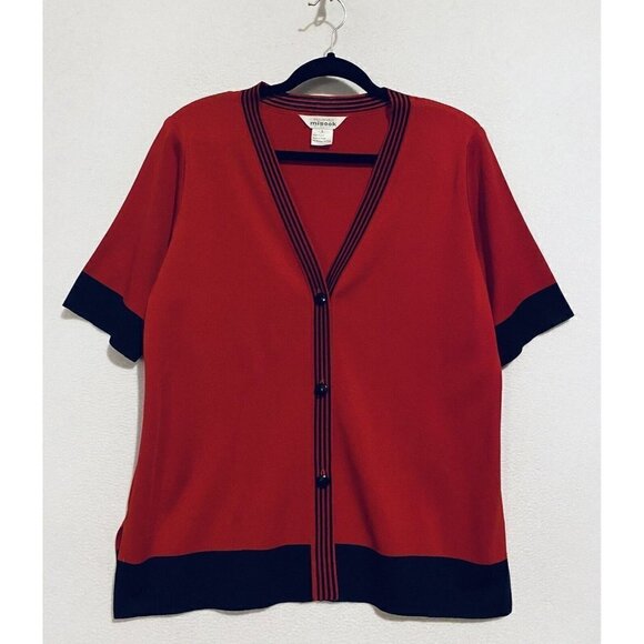 Misook Sweater Womens Large Red Black Short Sleeve Knit Button Front Cardigan - Picture 1 of 6